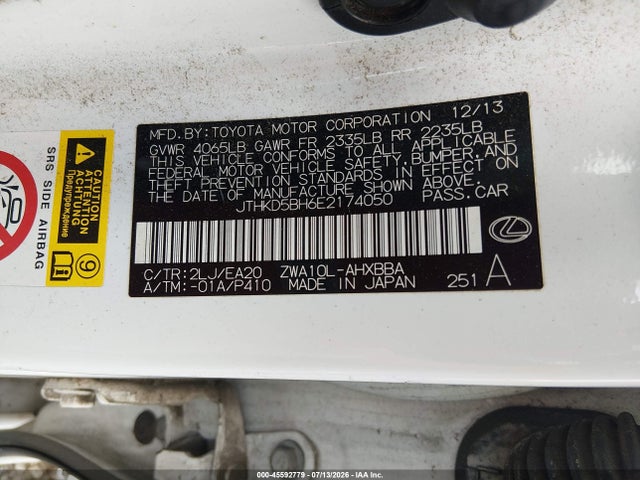 45592779 :رقم المزاد ، JTHKD5BH6E2174050 vin ، 2014 Lexus Ct 200h مزاد بيع