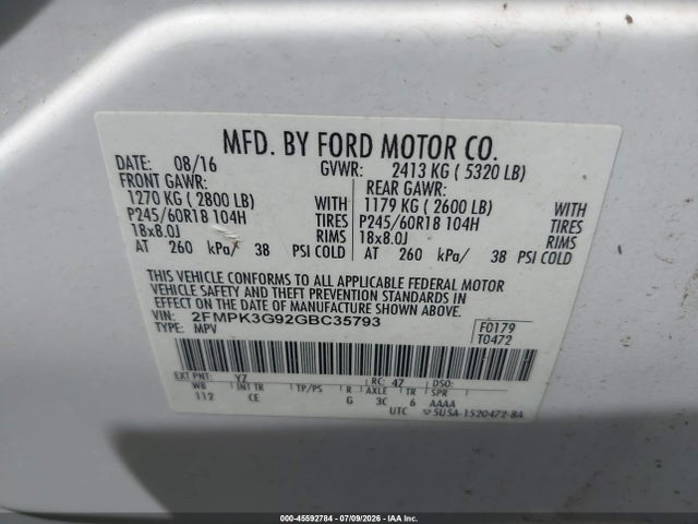 Aukcja sprzedaży 2016 Ford Edge Se, vin: 2FMPK3G92GBC35793, numer aukcji: 45592784