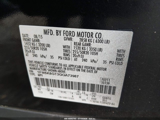 2016 Ford Explorer Sport მანქანა იყიდება აუქციონზე, vin: 1FM5K8GT3GGA73987, აუქციონის ნომერი: 45592793