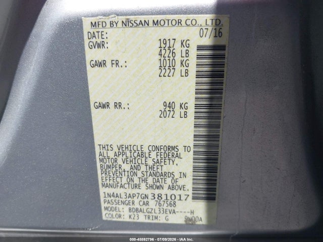Nissan Altima 2.5 S 2016 1N4AL3AP7GN381017 Image 9