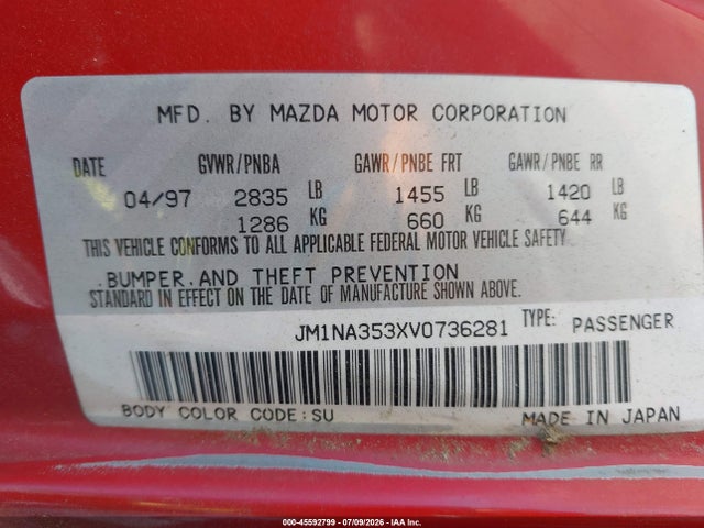 45592799 :رقم المزاد ، JM1NA353XV0736281 vin ، 1997 Mazda Mx-5 Miata Leather Pkg/m Edition/popular Equipment Pkg/r Pkg./sto/sto-edition/touring Pkg مزاد بيع