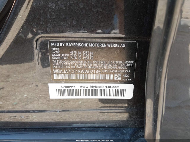 45592803 :رقم المزاد ، WBAJA7C51KWW02145 vin ، 2019 Bmw 5 Series 530i Xdrive مزاد بيع