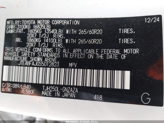 Aukcja sprzedaży 2025 Toyota Land Cruiser, vin: JTEABFAJ0S5012823, numer aukcji: 45592808