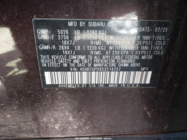 45592852 :رقم المزاد ، 4S4BTGPD9S3214337 vin ، 2025 Subaru Outback Touring Xt مزاد بيع