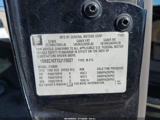 Aukcja sprzedaży 2002 Gmc Yukon Xl 1500 Slt, vin: 1GKEC16T72J170927, numer aukcji: 45592853