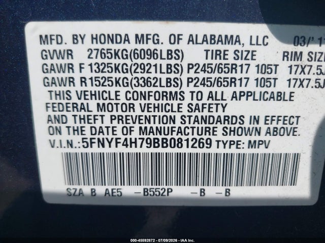 Продажа на аукционе авто 2011 Honda Pilot Ex-l, vin: 5FNYF4H79BB081269, номер лота: 45592872