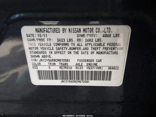 Продаж на аукціоні авто 2012 Infiniti G37x, vin: JN1CV6AR8CM970581, номер лоту: 45592874
