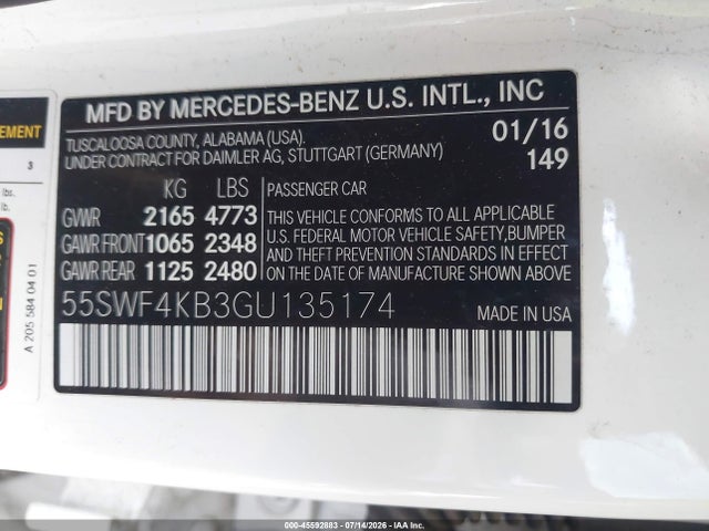 Aukcja sprzedaży 2016 Mercedes-benz C 300 4matic, vin: 55SWF4KB3GU135174, numer aukcji: 45592883