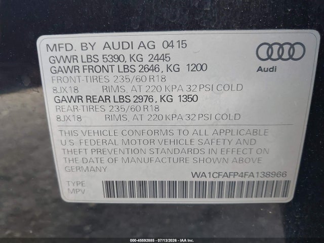 Продаж на аукціоні авто 2015 Audi Q5 2.0t Premium, vin: WA1CFAFP4FA138966, номер лоту: 45592885