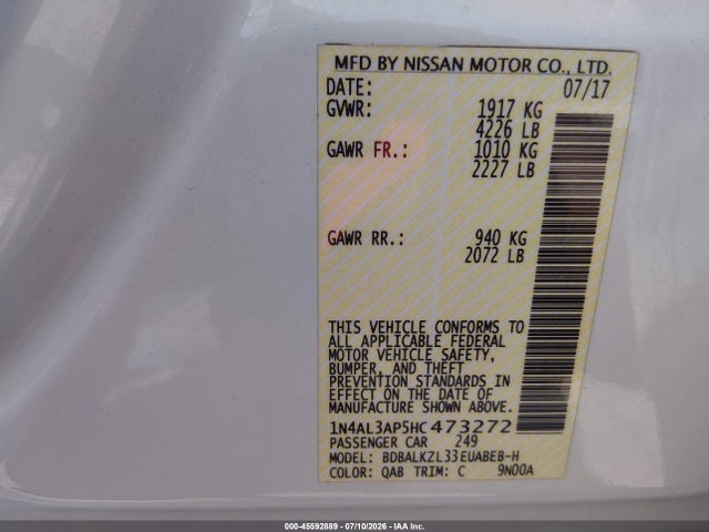 2017 Nissan Altima 2.5 Sv მანქანა იყიდება აუქციონზე, vin: 1N4AL3AP5HC473272, აუქციონის ნომერი: 45592889