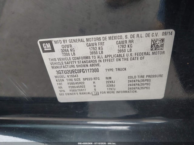 Продаж на аукціоні авто 2015 Gmc Sierra 1500 Sle, vin: 3GTU2UEC0FG117300, номер лоту: 45592906