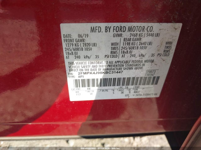 Ford EDGE SEL 2019 2FMPK4J98KBC31447 Image 9