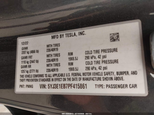 Продаж на аукціоні авто 2023 Tesla Model 3 Long Range Dual Motor All-wheel Drive, vin: 5YJ3E1EB7PF415861, номер лоту: 45592913