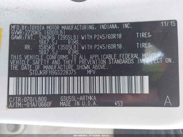 5TDJKRFH9GS228375 Toyota Highlander Xle V6