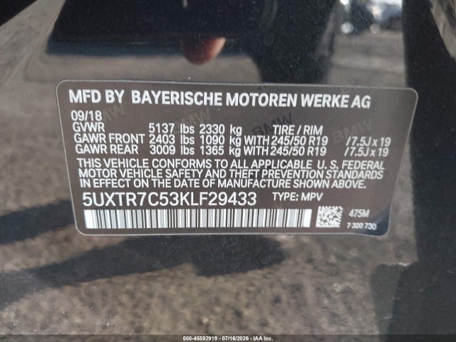 Aukcja sprzedaży 2019 Bmw X3 Sdrive30i, vin: 5UXTR7C53KLF29433, numer aukcji: 45592919