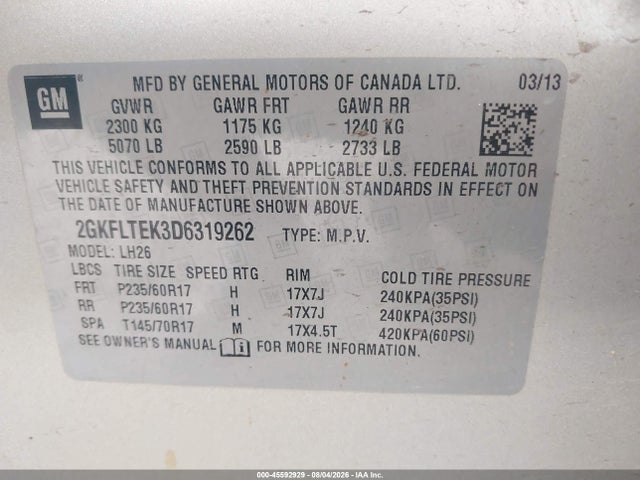 Продаж на аукціоні авто 2013 Gmc Terrain Sle-2, vin: 2GKFLTEK3D6319262, номер лоту: 45592929
