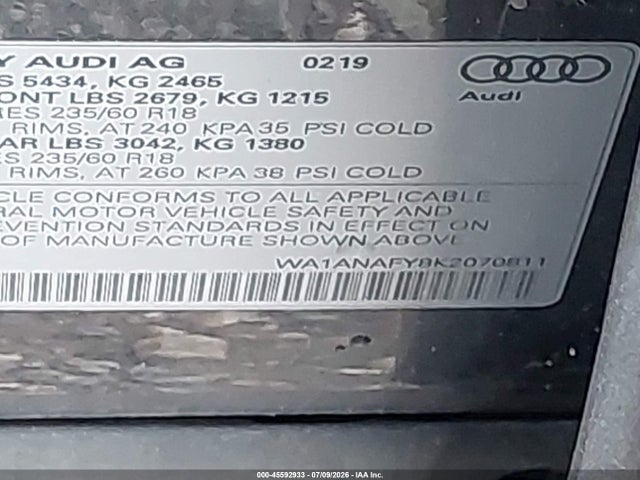 Aukcja sprzedaży 2019 Audi Q5 45 Premium, vin: WA1ANAFY8K2070811, numer aukcji: 45592933