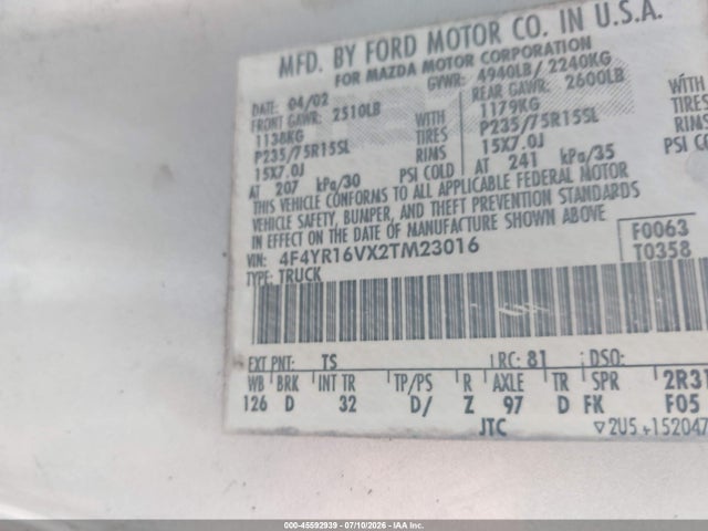 2002 Mazda B3000 Ds მანქანა იყიდება აუქციონზე, vin: 4F4YR16VX2TM23016, აუქციონის ნომერი: 45592939