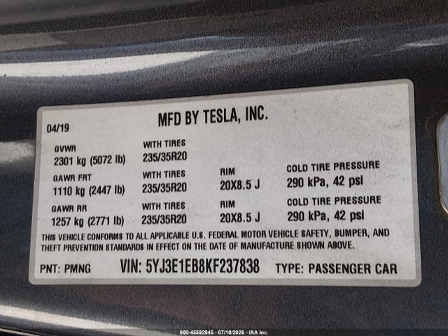 Aukcja sprzedaży 2019 Tesla Model 3 Long Range/performance, vin: 5YJ3E1EB8KF237838, numer aukcji: 45592945