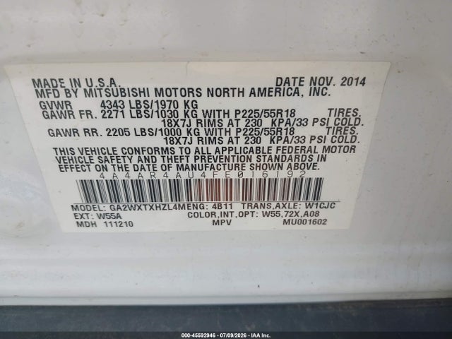 Продажа на аукционе авто 2015 Mitsubishi Outlander Sport Se, vin: 4A4AR4AU4FE016192, номер лота: 45592946