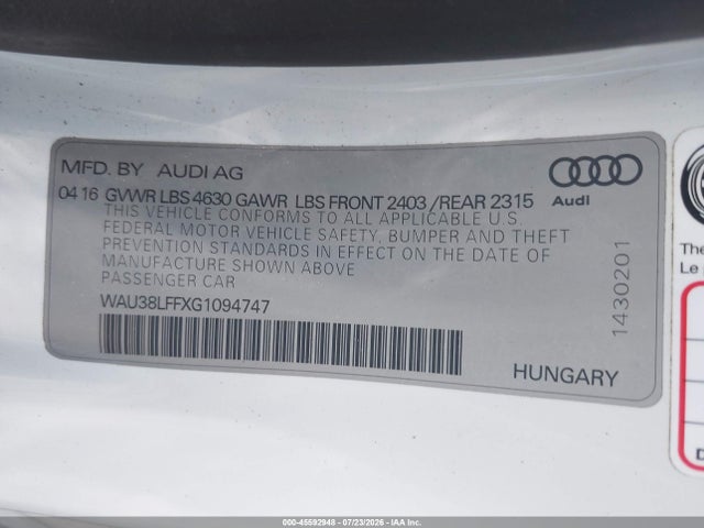 Продаж на аукціоні авто 2016 Audi A3 2.0t Premium Plus, vin: WAU38LFFXG1094747, номер лоту: 45592948