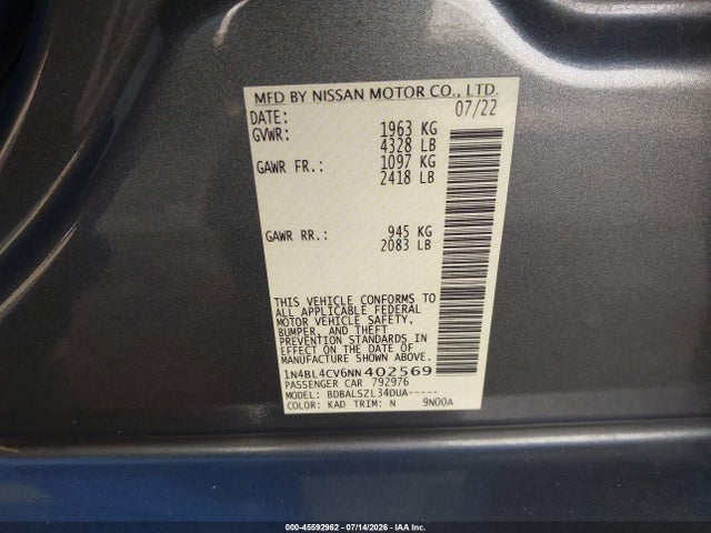 1N4BL4CV6NN402569 Nissan Altima Sr Fwd