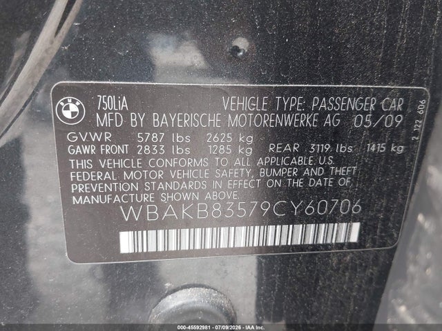 2009 Bmw 750li მანქანა იყიდება აუქციონზე, vin: WBAKB83579CY60706, აუქციონის ნომერი: 45592981