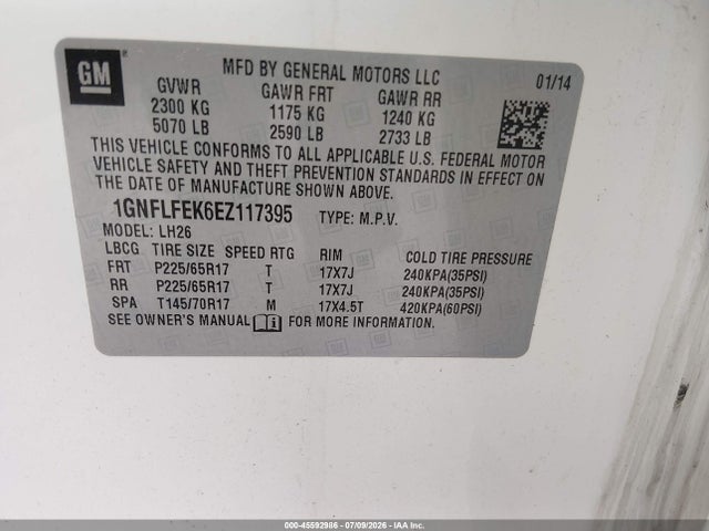 2014 Chevrolet Equinox Lt მანქანა იყიდება აუქციონზე, vin: 1GNFLFEK6EZ117395, აუქციონის ნომერი: 45592986