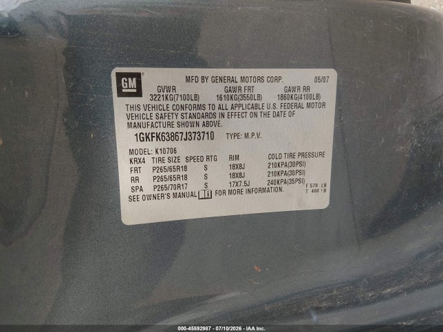 Продаж на аукціоні авто 2007 Gmc Yukon Denali Denali, vin: 1GKFK63867J373710, номер лоту: 45592987