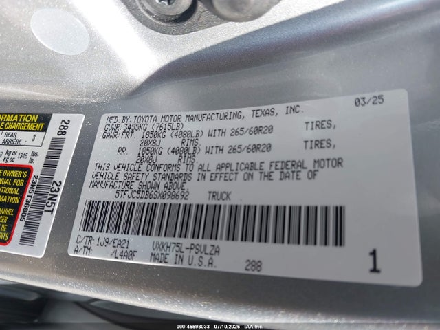 Продаж на аукціоні авто 2025 Toyota Tundra Hybrid Limited Crewmax 6.4' Bed, vin: 5TFJC5DB6SX098692, номер лоту: 45593033
