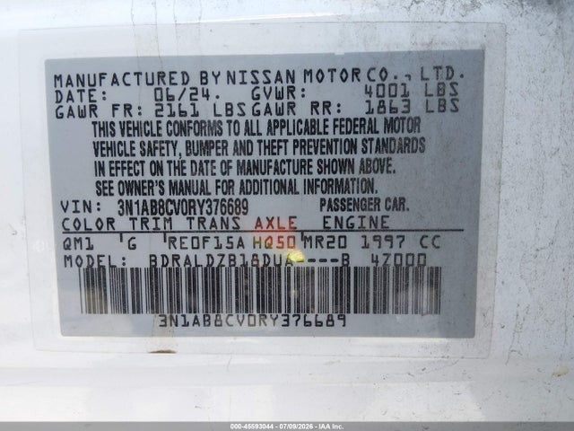 3N1AB8CV0RY376689 Nissan Sentra Sv Xtronic Cvt