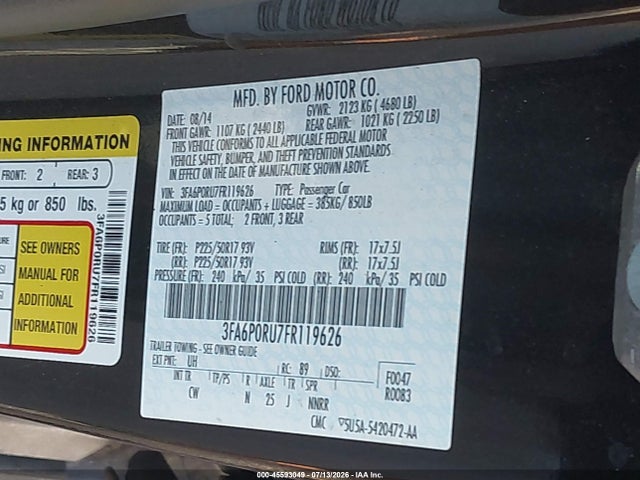 45593049 :رقم المزاد ، 3FA6P0RU7FR119626 vin ، 2015 Ford Fusion Hybrid Titanium مزاد بيع