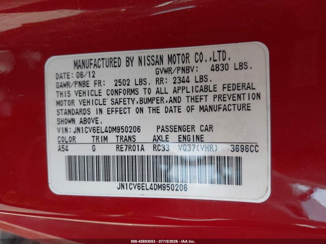 Aukcja sprzedaży 2013 Infiniti G37x, vin: JN1CV6EL4DM950206, numer aukcji: 45593053