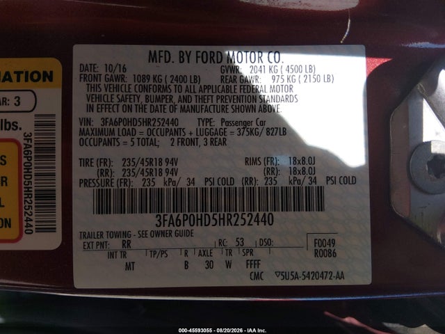 Продаж на аукціоні авто 2017 Ford Fusion Se, vin: 3FA6P0HD5HR252440, номер лоту: 45593055