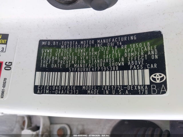 2015 Toyota Corolla Le/le Plus/le Premium მანქანა იყიდება აუქციონზე, vin: 5YFBURHE4FP195388, აუქციონის ნომერი: 45593062