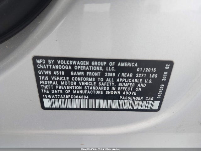 45593069 :رقم المزاد ، 1VWAT7A38FC064384 vin ، 2015 Volkswagen Passat 1.8t S مزاد بيع