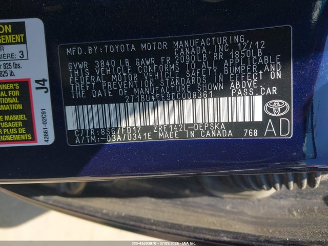 45593070 :رقم المزاد ، 2T1BU4EE9DC008361 vin ، 2013 Toyota Corolla S مزاد بيع