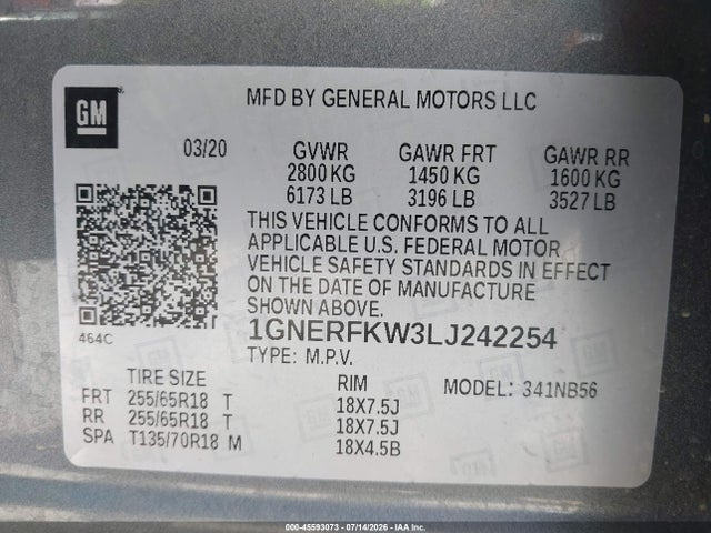 45593073 :رقم المزاد ، 1GNERFKW3LJ242254 vin ، 2020 Chevrolet Traverse Fwd Ls مزاد بيع
