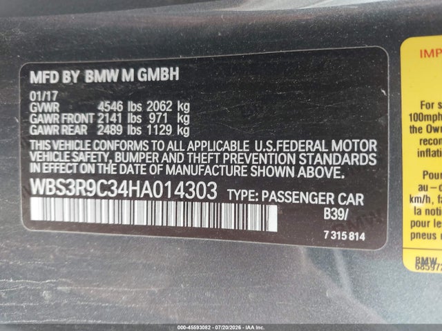 Aukcja sprzedaży 2017 Bmw M4, vin: WBS3R9C34HA014303, numer aukcji: 45593082