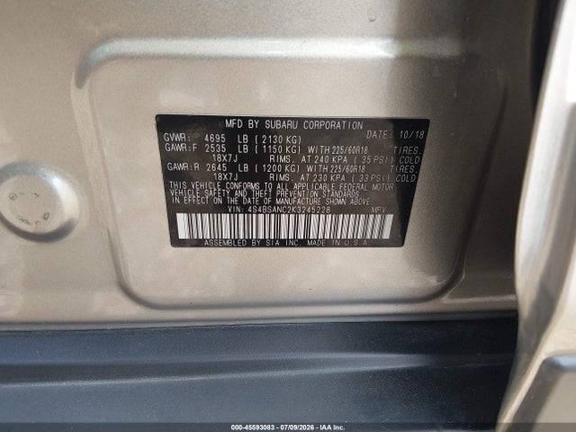 Aukcja sprzedaży 2019 Subaru Outback 2.5i Limited, vin: 4S4BSANC2K3245228, numer aukcji: 45593083