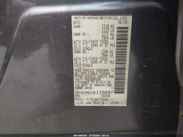 5N1AZ2MG4JN170097 Nissan Murano Platinum