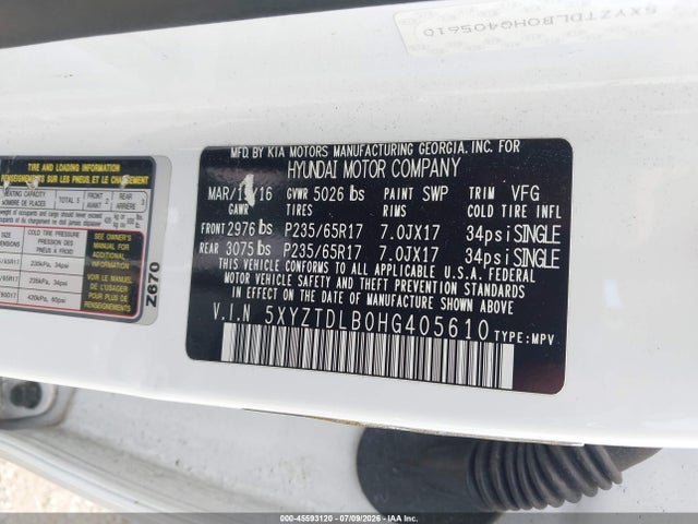45593120 :رقم المزاد ، 5XYZTDLB0HG405610 vin ، 2017 Hyundai Santa Fe Sport 2.4l مزاد بيع