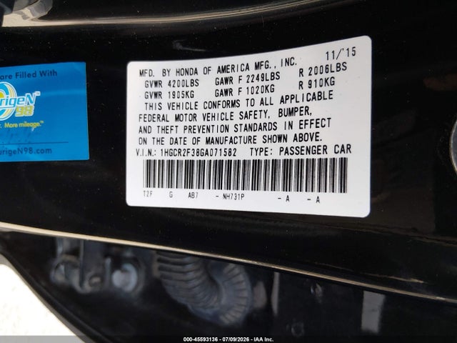 Honda ACCORD LX 2016 1HGCR2F38GA071582 Image 9