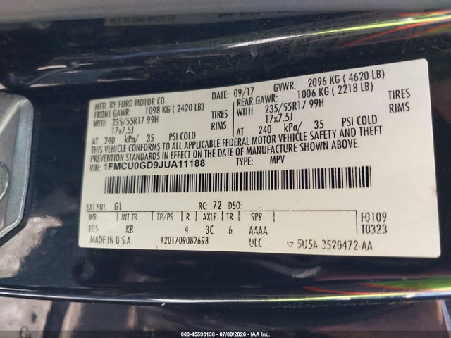 Продажа на аукционе авто 2018 Ford Escape Se, vin: 1FMCU0GD9JUA11188, номер лота: 45593138