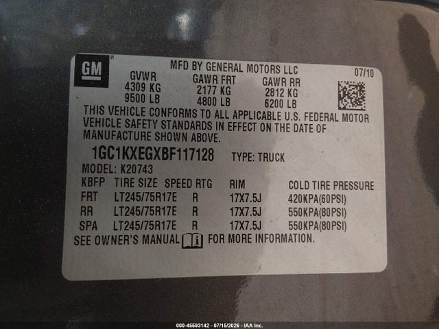 2011 Chevrolet Silverado 2500hd Lt მანქანა იყიდება აუქციონზე, vin: 1GC1KXEGXBF117128, აუქციონის ნომერი: 45593142