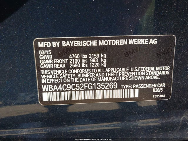 45593160 :رقم المزاد ، WBA4C9C52FG135269 vin ، 2015 Bmw 428 Gran Coupe Xdrive مزاد بيع