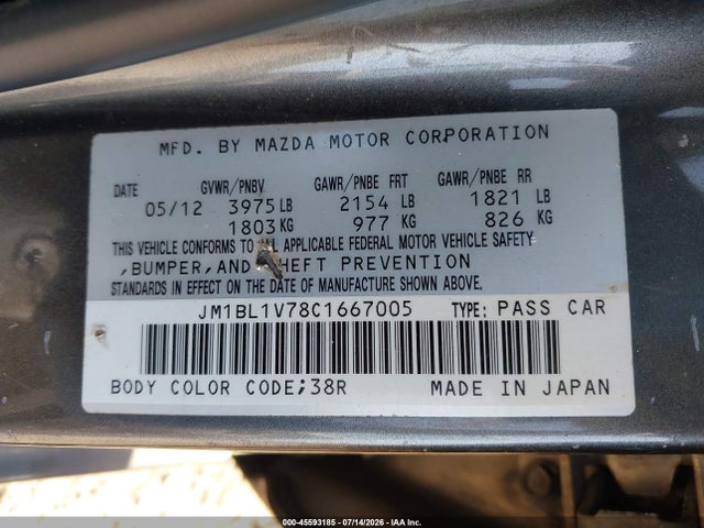 Aukcja sprzedaży 2012 Mazda Mazda3 I Touring, vin: JM1BL1V78C1667005, numer aukcji: 45593185