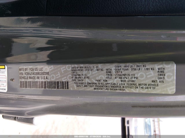 2021 Jeep Gladiator Willys 4x4 მანქანა იყიდება აუქციონზე, vin: 1C6HJTAG8ML592398, აუქციონის ნომერი: 45593196