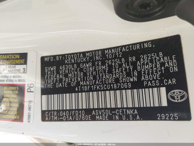 45593213 :رقم المزاد ، 4T1BF1FK5CU187069 vin ، 2012 Toyota Camry Le مزاد بيع