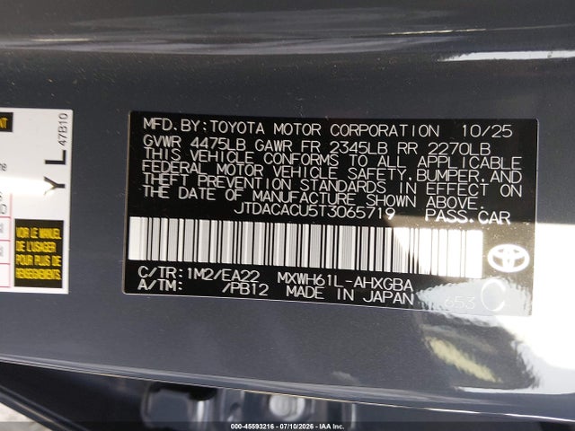 2026 Toyota Prius Plug-in Hybrid Xse მანქანა იყიდება აუქციონზე, vin: JTDACACU5T3065719, აუქციონის ნომერი: 45593216